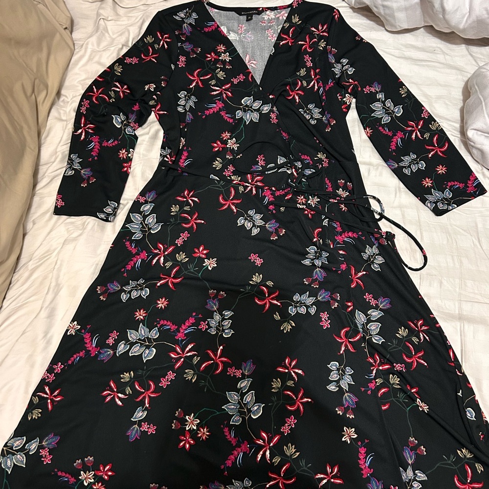 Banana Republic Black Floral Midi Dress Wrap cocktail v neck
